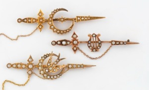WILLIS & SONS of Melbourne group of three gold and seed pearl sword brooches, two in 9ct gold (10.9 grams), the other in 15ct gold (6.8 grams), 19th/20th century, (3 items), the largest 7.cm wide, 17.7 grams total