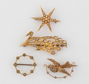 Four antique Australian 9ct gold and seed pearl brooches, 19th/20th century, ​​​​​​​the largest 5.5cm wide, 15.3 grams total.