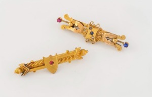 ARONSON & Co. of Melbourne antique 15ct gold, seed pearl and coloured stone bar brooch; together with a WILLIS & SONS of Melbourne antique 15ct gold and red stone bar brooch, 19th century, (2 items), ​​​​​​​the larger 5cm wide, 7.2 grams total.