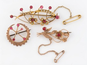 An antique Australian 9ct gold and red stone SOUTHERN CROSS and crescent brooch, together with an antique 9ct rose gold floral brooch with red stones, and an antique Australian 9ct gold, seed pearl and red stone floral brooch, 19th/20th century, (3 items)