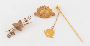 "Australian Commonwealth Military Forces" WW1 period 9ct gold rising sun brooch, together with 9ct gold map of Australian stickpin by ARONSON & Co. of Melbourne, and an antique 9ct rose gold map of Tasmania brooch, 19th/20th century, (3 items), ​​​​​​​the