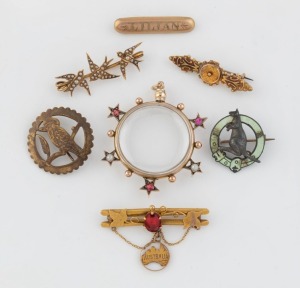 Antique 9ct gold mounted window locket adorned with seed pearls and red stones (5.2 grams including glass), an antique sterling silver and enamel kangaroo brooch, a gold plated kookaburra brooch, a ROLLASON&nbsp;& Co. of Sydney antique 9ct gold and red stone b