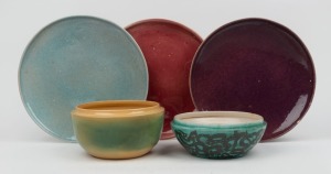 KLYTIE PATE group of three pottery platters in Harlequin glaze; together with two pottery bowls (missing lids), (5 items), all incised "Klytie Pate", the platters 26.5cm diameter