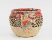 CASTLE HARRIS pierced pottery jardiniere with applied fish decoration, glazed in pink, blue and green, incised "Castle Harris", 14cm high, 18cm wide
