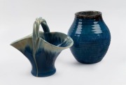 REMUED blue glaze pottery basket vase; together with a blue glazed ribbed pottery vase, (2 items), 20 and 21cm high