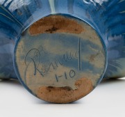 REMUED blue glaze pottery basket vase; together with a blue glazed ribbed pottery vase, (2 items), 20 and 21cm high - 2