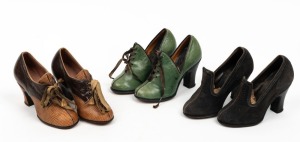 R. WHITE SHOES: Three pairs of saleman's sample ladies miniature shoes, beautifully crafted in leather, early 20th century.