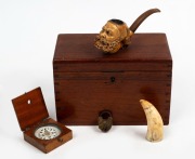 CAPTAIN JAMES WILLIAM CARELESS: Australian cedar antique deed box of dovetail construction with lift-out insert tray, a scrimshaw whale's tooth with naive portrait, an antique pocket compass (by Kasner & Moss of Melbourne) in timber case and an antique Me