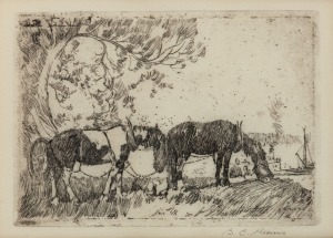 BENJAMIN EDWIN MINNS&nbsp;(1864-1937), (work horses), dry point etching, signed in pencil lower right "B. E. Minns", 14 x 19cm, 38 x 40cm overall