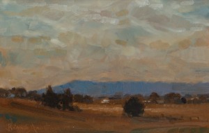 BRIAN E. ARMSTRONG (1949 -), (untitled rural landscape), oil on canvas, signed lower left "Brian E. Armstrong, '88", 22 x 34cm, 50 x 60cm overall