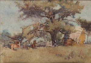 AMELIA MARY PHILLIPS (1882 - 1971), (figures in farm landscape), watercolour, signed lower left, 25 x 35cm, 47 x 59cm overall
