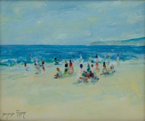 DONALD FRASER (1929 - 2009), (untitled beach scene), oil on board, signed lower left "Donald Fraser", 19 x 24cm, 41 x 46cm overall