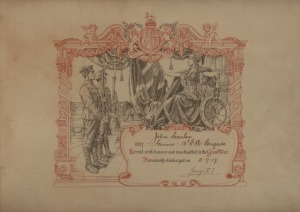HONOURABLY DISCHARGED certificate to JOHN SCANLON (2587) Gunner 12th...Brigade, with lithographed signature of King George V. Attractively framed and mounted 55 x 69cm overall.
