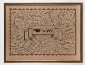 WHITE & EVANS of Hobart, antique hand-painted point of sale advertising in timber frame. Stating "SUITS MADE TO ORDER, HOBART PRICES", "HIDES, RABBITS & SHEEPSKINS, HIGHEST PRICES GIVEN", "BEST BREAD, FULL WEIGHT", "TRY OUR BOOTS, THE BEST & CHEAPEST", si