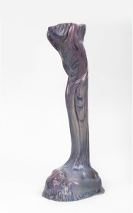 ARTIST UNKNOWN mauve glazed pottery candlestick with figural decoration, in the manner of Christian Waller and Klytie Pate, circa 1930s, 29cm high