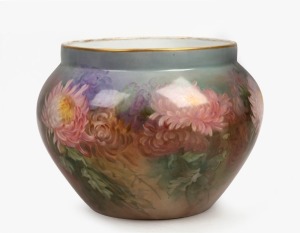 M.E. TOMPKINS of Melbourne, hand-painted floral porcelain jardiniere, early 20th century, signed "M.E. Tompkins 21cm high, 27cm diameter.