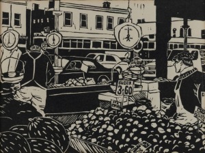 Two linocut prints, one signed "PURBRICK", larger 39 x 49cm overall