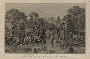 "PECHE DES SAUVAGES DU CAP DE DIEMEN" by Jean Piron, engraved by Jacques Louis; printed 1817, ​​​​​​​29 x 45cm, 47 x 60cm overall.