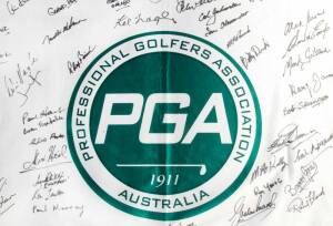 KEL NAGLE'S 90th BIRTHDAY: Large PGA flag signed by 30 PGA Members at the official PGA function celebrating Kel Nagles 90th Birthday at Mona Vale Golf Club in 2010. Signatures include Peter Thompson, Graham Marsh, Bill Dunk, Dan Cullen, Charlie Earp, Coli