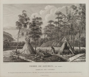 VAN DIEMEN'S LAND INTEREST, three antique engravings: I.) A Man Of Van Diemen's Land, II.) Terre De Diemen, III.) Homme Du Cap De Diemen, Enfant Du Cap De Diemen, (by Jean Peron), all in card mounts, the largest sheet size 35 x 54.5cm overall.