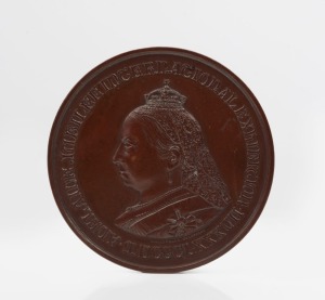 ADELAIDE JUBILEE INTERNATIONAL EXHIBITION 1887 uniface medal depicting the obverse portrait by A.A. Altmann of Melbourne; the reverse hollow (lead lined) and fitted with a screw and mount for display, probably as submitted to the Organizing Committee for 
