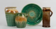 REMUED&nbsp;green glazed pottery branch handled dish, together with three assorted branch handled vases, (4 items), 28cm diameter.