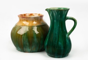 JOHN CAMPBELL green glazed pottery vase and jug, both incised "John Campbell, Tasmania", 18cm and 21cm high