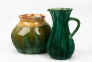 JOHN CAMPBELL green glazed pottery vase and jug, both incised "John Campbell, Tasmania", ​​​​​​​18cm and 21cm high
