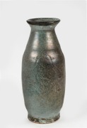 DAVID & HERMIA BOYD green glazed pottery vase with sgraffito cockerel decoration, incised "David + Hermia Boyd", 27cm high