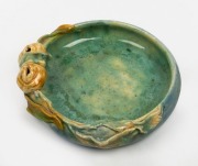 CASTLE HARRIS rare pottery bowl with applied gumnuts and leaves, glazed in blue, green and yellow, incised "Castle Harris", 6cm high, 18cm wide