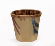 VI EYRE octagonal form pottery vase with incised and coloured decoration, signed "Vi Eyre, '32", 9cm high