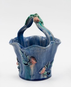 FLORA McKENZIE blue glazed pottery basket with applied Scottish thistle decoration, incised "Flora McKenzie", 18cm high