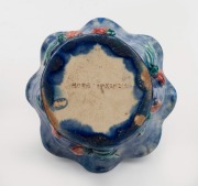 FLORA McKENZIE&nbsp;blue glazed pottery basket with applied Scottish thistle decoration, incised "Flora McKenzie", 18cm high - 2