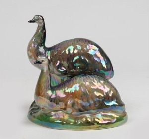 344 · WEMBLEY WARE emu ceramic figure group with lustre glaze, factory mark to base, 13cm high