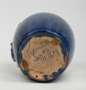 REMUED blue and green glazed pottery vase with applied gumnuts, leaves and branch handle, incised "Remued, 114/6M", 18cm high - 2