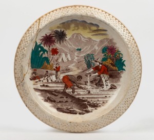 PRATT WARE antique English porcelain cheese plate with rare gold mining scene, mid 19th century, (damaged), ​​​​​​​27.5cm diameter.
