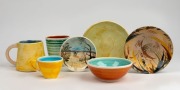 JOHN PERCEVAL & ARTHUR MERRIC BOYD pottery bowl with hand-painted praying mantis decoration, incised "J.P. A.M.B."; together with a dish decorated with Aboriginal figures in landscape, a bowl, dish, beaker, mug and teacup, each incised "A.M.B." or "A.M. B
