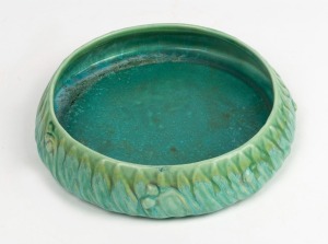 MELROSE WARE green glazed pottery fruit bowl with gum leaf and gumnut decoration, stamped "Melrose Ware, Australian", 23cm diameter.