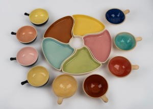 PEG LOWE group of five pottery ramekins, ELISCHER set of five pottery savoury dishes, and a set of four ramekins by HOFFMANN POTTERY, (14 items), the savory dishes 20cm wide