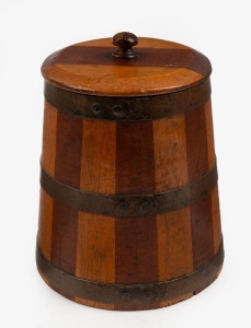 An Australian cedar and kauri pine lidded jar of coopered construction, 19th century, 21cm high