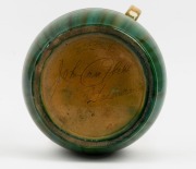 JOHN CAMPBELL green and yellow glazed pottery vase with two handles, incised "John Campbell, Tasmania", ​​​​​​​18cm high, 23cm wide. - 2