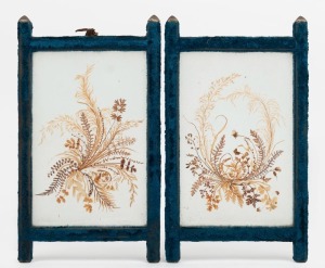 A pair of antique dried floral and foliage displays, mounted in opaque glass and framed in original blue velvet, 19th century, 31 x 29cm each overall