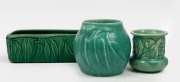 MELROSE WARE green glazed pottery koala vase, gum leaf vase and gum leaf trough, (3 items), stamped "Melrose Ware, Australian", the trough 24.5cm wide