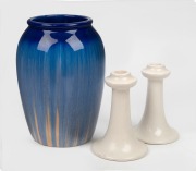MELROSE WARE blue glazed pottery mantle vase; together with a pair of white glazed pottery candlesticks, (3 items), stamped "Melrose Ware, Australian", 25cm and 16cm high