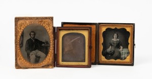 Antique daguerreotype photograph portrait of a lady in original leather case; together with two ambrotype photographs, one in original leather case and the other in gilt metal mount, mid 19th century, (3 items), 11.5 x 3cm