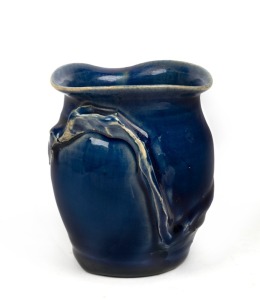 REMUED rare and early blue glazed pottery vase with applied branch decoration, 9cm high