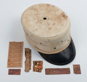 Assorted antique tram tickets including M.T.O.Co. CLIFTON HILL CABLE TRAMWAY; together with a conductor's cap, (qty)