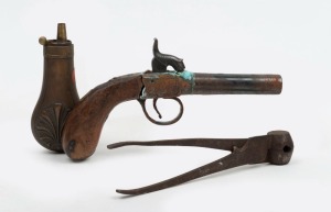 An antique percussion cap pocket pistol (relic condition), together with an antique powder flask and a bullet mould, 19th century, (3 items), the pistol 20cm long.
