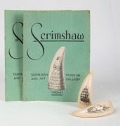 Two scrimshaw whale's teeth by GARY TONKIN, together with two copies of the publication of "SCRIMSHAW", (4 items), the teeth 9cm and 10cm long.