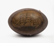 An antique emu egg&nbsp;ornament with carved and hand-painted tallship&nbsp;sailing under an American flag, 19th century, ​​​​​​​14cm wide.